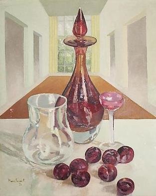 Maria Teresa Fernandes: 'red prunes', 1974 Oil Painting, Food.   thick glass has a world of possibilities, and effort( this painting won honoured mention at ABD- ABI press association show   glass against a clear background is a big challenge to any painter                        ...