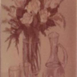 Maria Teresa Fernandes: 'white roses and two glasses', 1977 Oil Painting, Romance. Artist Description: a clean painting on a clear background ( looking for the unknown collector to get a better photo ) ...