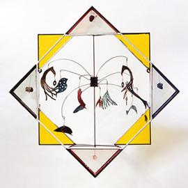 Eric Jacobson: 'Octi-Square II', 2002 Mixed Media Sculpture, Other. Artist Description: The piece is made up of a painted steel frame with patinaed brass elements from nature and colored glass. This piece begins to utilize perspective....