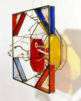Eric Jacobson: 'OctiSquare III', 2002 Mixed Media Sculpture, Other. This sculpture is made up of steel frames in octagonal shape. The frames grow smaller from front to back creating a sense of perspective. The suspended elements within the piece are made of cut brass sheet with patina. And it is divided by red glass, front to back.      This piece ...