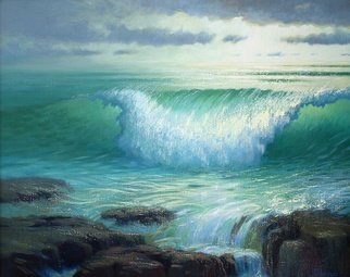 Eve Thompson: 'CRASHING WAVE', 2015 Oil Painting, Seascape. With the dark brown oak wood frame on it, it measures about 36 x 30. I was trying to capture the sunlight and sparkle of the crashing waves in this piece. ...