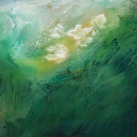 Even Pangpai: 'green mountains by epp', 2018 Oil Painting, Abstract Landscape. Artist Description: Gentle and elegant subtle colors , neutral and full of life. . .  Cold blue gray sky at left top, snow storm at the mountain top cannot supress the warmth bellow.  The center of the painting is warm yellow with flowers of unrealistic large size, symbolizing hope, life and love.  The ...