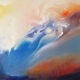 Even Pangpai: 'rising with the wind by epp', 2018 Oil Painting, Abstract Landscape. Artist Description: With the rising wind we can fly up and become immortal in this spiritual realm. . .  it looks like some light clouds above and autumn scenery below. . .  at the bottom, it s a lake in the middle, forest on the right and waterfall on the left.  The circle in ...