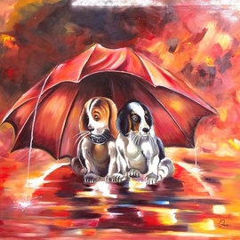 Paul Ackom Junior: 'lean on me', 2017 Acrylic Painting, Impressionism. Artist Description: Lean on me: A friend in need is a friend indeed.A good companion is the one who puts his legs in his friends shoe no matter what the situation may be whether rain or shine they are the best friends.Animals , dogs , umbrella, rain drops, friends, poppies...