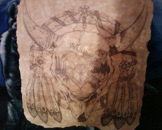 Alejandro Jake: 'Native American Art', 2009 Other Drawing, Culture.  A Custom artwork i did and my best work of an cow skull with a touch of native american culture added to it and embeded with three heads of an Eagle, Wolf, and Elk, also showing a background scenary of an forest. ...
