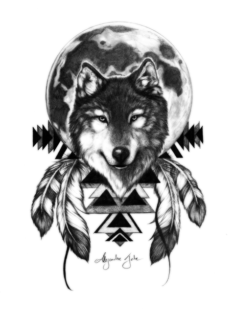 Alejandro Jake  'Wolf With Full Moon', created in 2016, Original Tatoo Art.