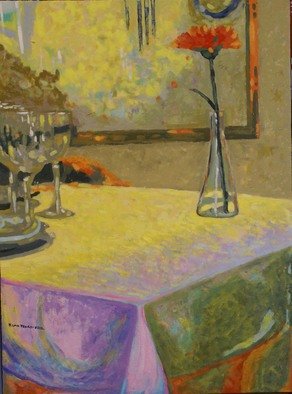 Felipe San Pedro: 'lonely flower', 2014 Oil Painting, Atmosphere.  on a restaurant,  a table with  flower             ...