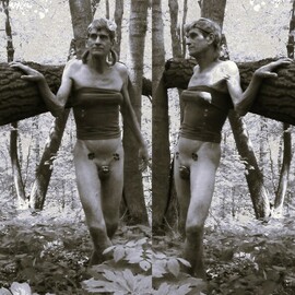 Michael Emery: 'femboy in woods 0490bw', 2024 Black and White Photograph, Nudes. Artist Description: nude in woods...
