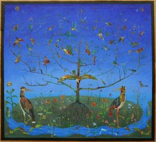 Stephen Fessler: 'The Tree, Blooming Birds', 2012 Acrylic Painting, Landscape.     The one tree, the singing birds blossoming from its branches.    ...