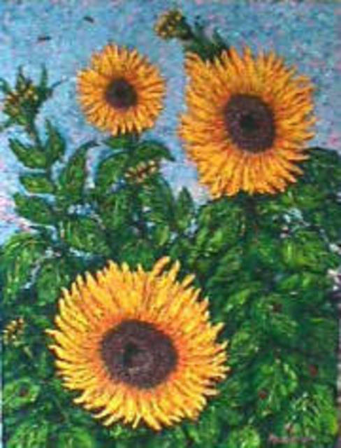 Artist Frank Morrison. 'Sunflower And Lady Bugs' Artwork Image, Created in 1998, Original Mixed Media. #art #artist