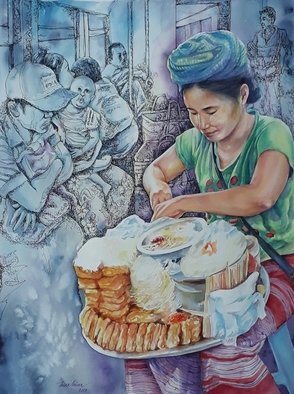 Thinn  Thinn: 'woman in work', 2018 Watercolor, People. woman, food...