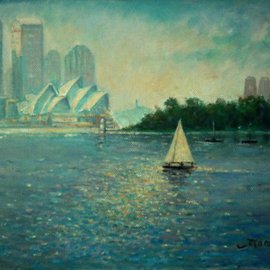 Fred Marsh: 'Into the Light , Cremorne Point, Sydney Harbour ', 2007 Oil Painting, Seascape. Artist Description:  A sailing ship just enters the patch of light as it moves toward the harbour ...