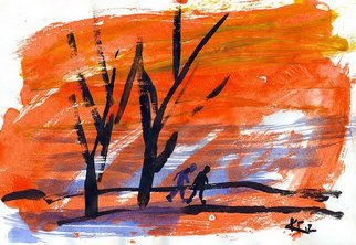 Galina  Kara: 'Version 1 orange a hike', 2012 Paper, Fantasy.  graphics fantasy landscape people go two ghosts orange symbolism strength acrylic paper ...