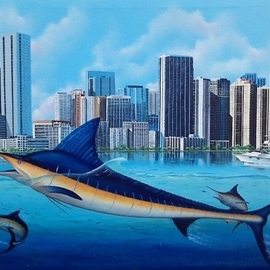 Gary Boswell: 'Miami Marlins', 2018 Acrylic Painting, Fish. Artist Description: Marlins swimming below the Miami skyline, I ve painted in acrylic, on a large 48x 30stretched, gallery wrapped canvas.Painted on all sides, framed not needed...