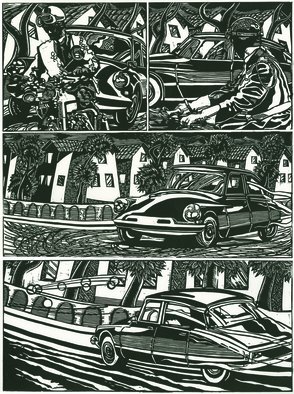 Geo Sipp: 'Citroen', 2012 , Automotive. Artist Description:  Citroen is a woodcut, illustrating a scene of Algiers during the French- Algerian War. The image is part of a graphic novel entitled Wolves in the City, which I am currently illustrating.  ...