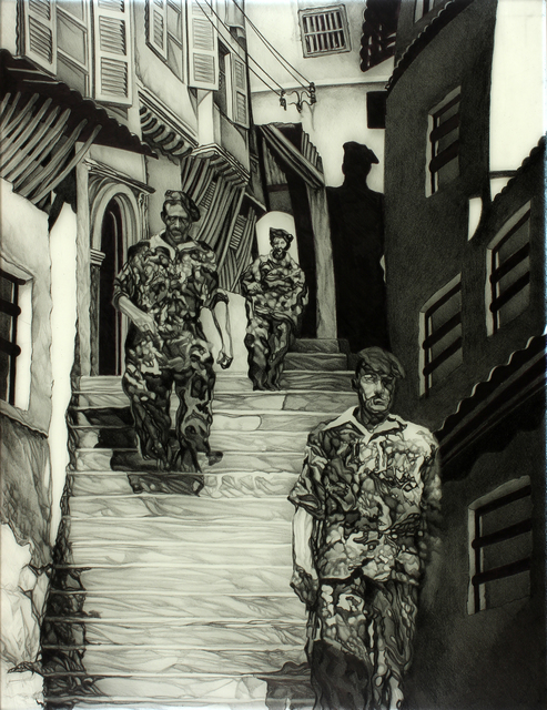 Geo Sipp  'Soldiers In The Casbah', created in 2015, Original Printmaking Linoleum.