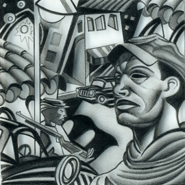Geo Sipp: 'The Soldier', 2010 Other Drawing, Military. Artist Description:   The Soldier is a drawing on grained glass, illustrating a scene from a graphic novel about the French- Algerian War, entitled Wolves in the City, which I am currently illustrating.                 ...