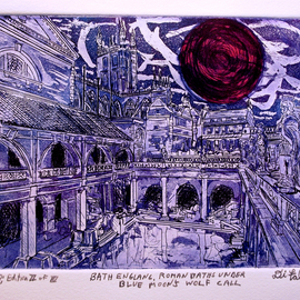Jerry  Di Falco Artwork BATH ENGLAND AND ROMAN BATHS UNDER BLUE MOONS WOLF CALL , 2015 Etching, Surrealism