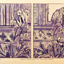 Jerry  Di Falco: 'Bear and Creature and Pelican in Paris', 2013 Intaglio, Animals. Artist Description: This etching incorporates the techniques of intaglio, drypoint, and aquatint. I used my own blend of oil based French printing inks to produce this violet, blue color and printed the work on STONEHENGE paper, color of Cream. I used two zinc plates to produce this image, and each ...