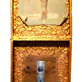 Jerry  Di Falco: 'CAMERA NON OBSCURA WITH CRICIFIX', 2009 Mixed Media, Outsider. Artist Description: This mixed media wall assemblage in a box includes a cast crucifix done in perforated plastic, acrylic paint, wood, digital photographs, a mono print, permanent ink, gesso, modeling paste, glue, and acetate.  This unique work explores the multiple connections between Leonardo DaVinci as an artist and scientist and ...