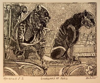 Jerry  Di Falco: 'GUARDIANS', 2013 Intaglio, Magical. This etching, entitled GUARDIANS, employs the techniques of aquatint, intaglio, and drypoint on one zinc plate, 4 inches high by 5 inches wide. The print size is 10n inches wide by 8 inches high, or25. 5 cm x 21 cm. I used black oil based French etching ink on STONEHENGE ...