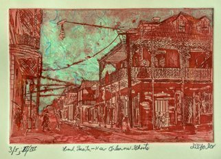 Jerry  Di Falco: 'Ghosts in The French Quarter of New Orleans', 2016 Intaglio, Atmosphere. Inspired by an archived photo from the US Library of Congress of New Orleans French Quarter in 1890. This is one of about twelve etchings in my New Orleans series, a group of works that examines the architecture, history and culture of old and contemporary New Orleans. French etching ink ...
