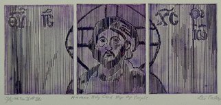 Jerry  Di Falco: 'HAVANA HOLY CARD HIP OP IN PURPLE', 2015 Intaglio, Christian. This etching is based on an optical- line, ink drawing that I executed in 1971, however in this work I also combined elements of a Cuban propaganda billboard of Che Guevara with a Byzantine icon of Christ. The only studio ETCHING technique I used was INTAGLIO, and the work was ...