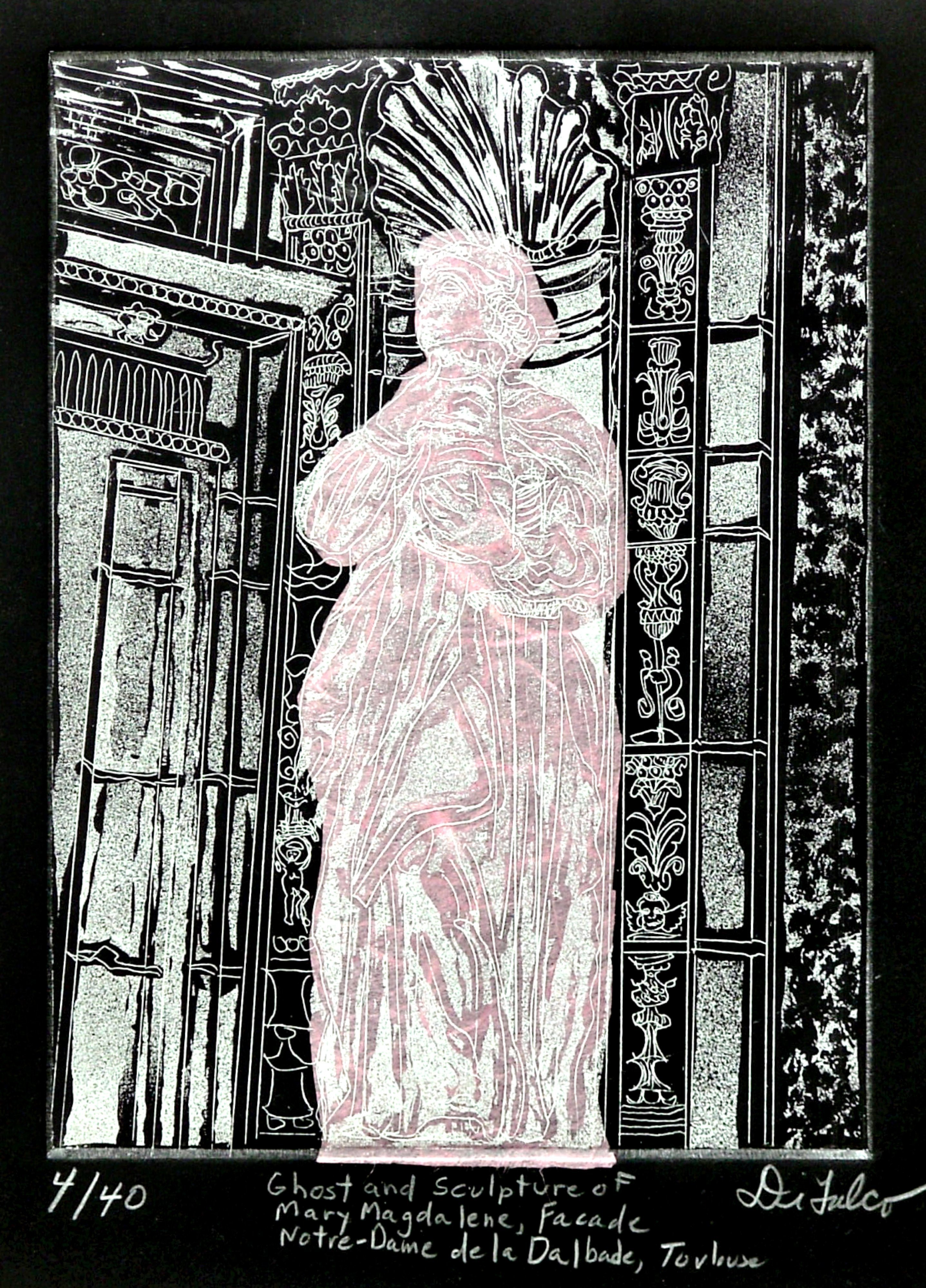 Jerry  Di Falco: 'Mary Magdalene', 2011 Etching, Mystical. This etching entitled, Ghost and Sculpture of Mary Magdalene, Facade, Notre Dame de la Dalbade, Toulouse, used the techniques of aquatint, intaglio, and, chine colle, which is a process of applying a cellulose coated mulberry bark paper directly onto the printing plate before running it through the press. The work ...