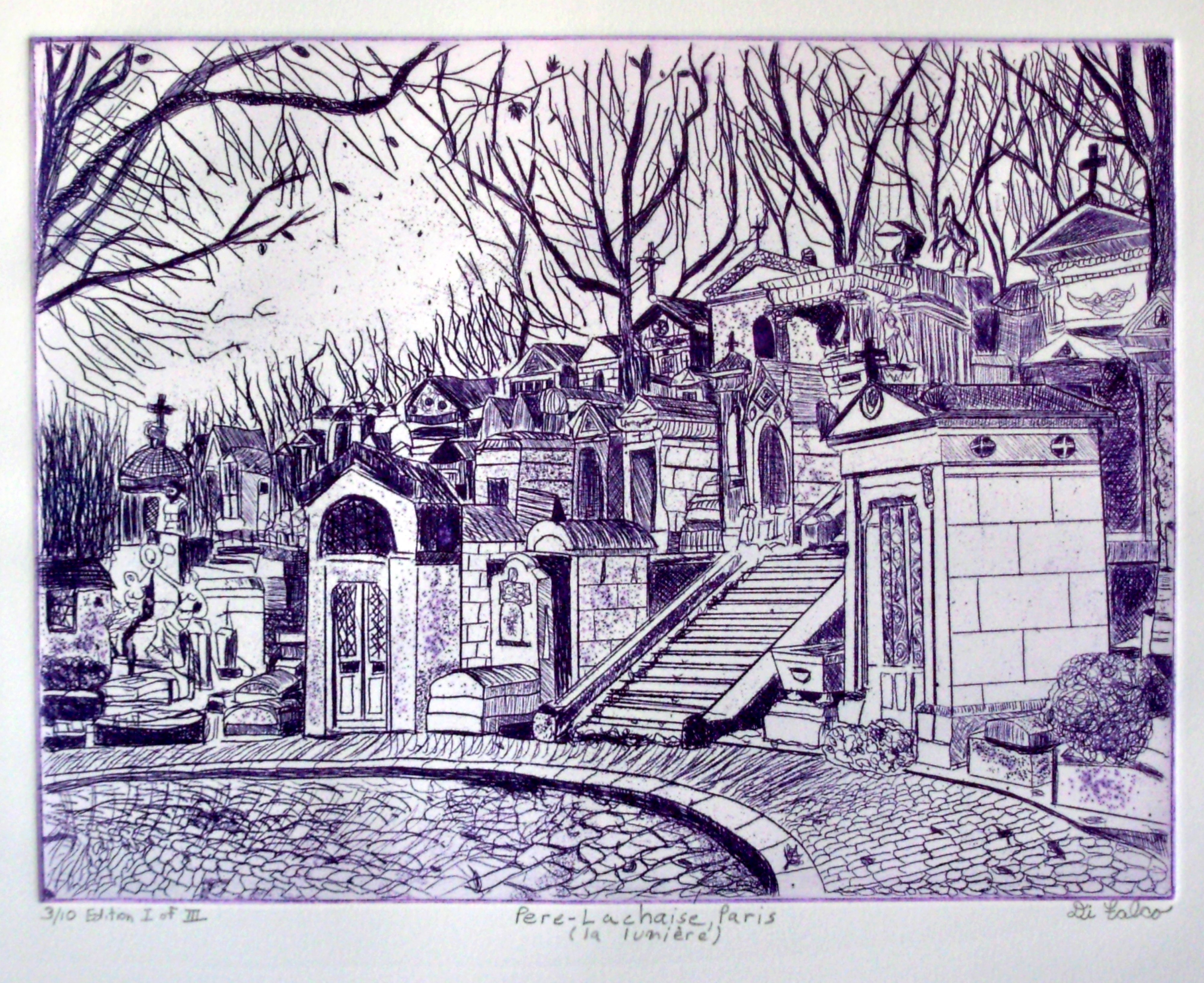 Jerry  Di Falco: 'PERE LACHAISE IN PARIS  ', 2012 Etching, Landmarks. I photographed this Paris scene in 1987 at the Pere Lachaise Cemetery. This etching is from the second edition of ten, which uses an oil base ink blend, Charbonnel brand, on RivesBFK white printmaking paper. My studio techniques included intaglio, mezzotint, and aquatint. The image size measures 9 inches high ...
