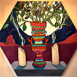 Jerry  Di Falco: 'Ritual on Europa', 2007 Acrylic Painting, Surrealism. Artist Description: Part of my GNOSTIC GOSPELS IN A JAR Series, which is a homage to the mysteries found at Nag Hammadi.  Sides of this six sided stretched canvas, on a heavy duty wood frame, are painted, therefore no frame is necessary.  Ships in a professional cardboard box wrapped in ...