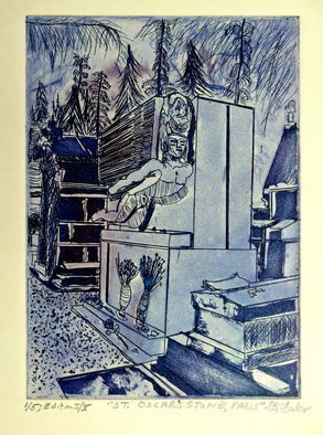 Jerry  Di Falco: 'Wilde Tomb in Paris', 2016 Intaglio, Famous People. The zinc plate for this etching measured 7 inches high by 5 inches wide, or17. 780cm by 12. 700cm, which is the imageaEURtms size. The print measures twelve by ten inches wide, or 30. 480cm x 25. 400cm. THIS WORK HAS FOUR EDITIONS OF PRINTS EACH EDITION IS LIMITED ...