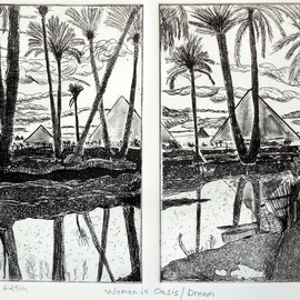 Jerry  Di Falco Artwork Woman in Egyptian Oasis in Black and White, 2012 Etching, History