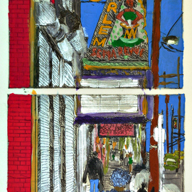 Jerry  Di Falco: 'a c d c', 2020 Mixed Media, Cityscape. Artist Description: Etching, Watercolor, Ink, Gouache, Paper on Paper, Other.This was a copy of one of the first Artist s Proofs in my etching series about gambling and the death of art in Atlantic City, New Jersey  US . This etching is enhanced in color through the use of watercolors ...