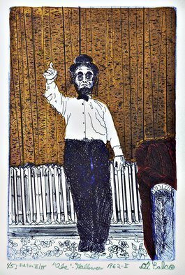 Jerry  Di Falco: 'abe on halloween 1962', 2018 Etching, Americana. THE PRICE OF THIS MATTED ETCHING INCLUDES A FRAME THAT MEASURES 16INCHES HIGH BY 11 INCHES WIDE.  THE GOLD PAINTED, WOOD AND GLASS FRAME INCLUDES AN ACID FREE, WHITE MAT.  MOREOVER, THE ARTWORK ARRIVES WIRED AND READY TO HANG.  This etching is based on a black and white snapshot from ...