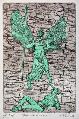 Jerry  Di Falco: 'angel of epstein', 2018 Intaglio, Spiritual. THE PRICE OF THIS ETCHING INCLUDES A BLACK PAINTED WOOD FRAME WITH GLASS AND ACID FREE MAT.  THE FRAME MEASURES 16 INCHES HIGH BY 12 INCHES WIDE.  THE WHITE MAT CONTAINS A BLACK INNER TRIMMED EDGE.  THE ARTWORK ARRIVES WIRED AND READY TO HANG ON YOUR WALL.  A WALL HOOK ...