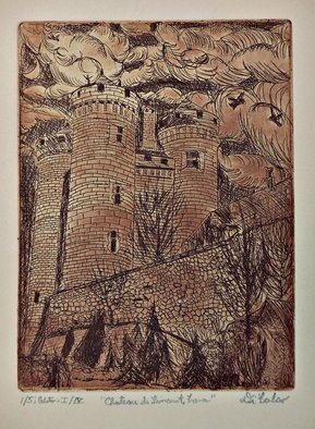 Jerry  Di Falco: 'chateau de lioncourt', 2017 Etching, Architecture. This etching, entitled Chateau de Lioncourt in France, is based on an architectural work from the south of France in the Upper Auvergne region.  However, the title refers to a fictitious castle in Anne RiceaEURtms, Interview with a Vampire, series.  This building was photographed by the artist in 1987, ...