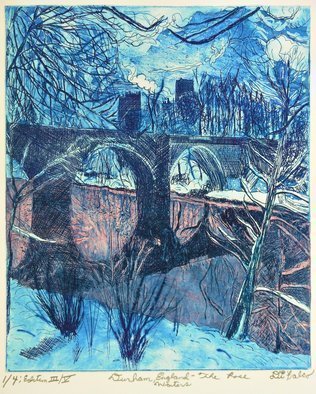 Jerry  Di Falco: 'durham and rose waters', 2017 Etching, Atmosphere. The full title is DURHAM, ENGLAND AND THE ROSE WATERS.  The location of this winter scene is Durham, England it features Durham Cathedral in the distance with snow, water, clouds, bridges, and trees.  The etching was inspired by an albumin print from 1865, which was gifted to Cornell University by ...