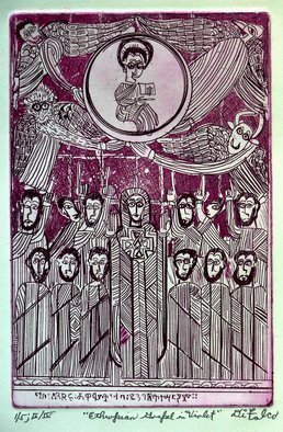Jerry  Di Falco: 'ethiopian gospel in violet', 2018 Etching, Christian. PLEASE NOTE THAT THIS ETCHING IS SOLD WITH BOTH A FRAME, 12 by 16 inches, AND MAT.  THE BLACK PAINTED WOOD FRAME WITH GLASS INCLUDES AN ACID FREE, WHITE MAT.  THE WORK ARRIVES TO YOUR HOME WIRED AND READY TO HANG.  This original etching is based an Ethiopian manuscript illumination ...