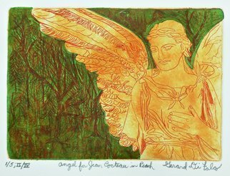 Jerry  Di Falco: 'jean cocteau angel peach', 2017 Etching, Spiritual. This intaglio and aquatint etching with Chine colle color overlays by DiFalco is based on one of his many photos taken in PhiladelphiaaEURtms Laurel Hill Victorian era cemetery over the past three decades.  The zinc plate underwent three workings and baths in Nitric acid.  The plate size was five ...