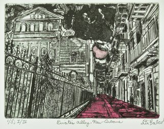Jerry  Di Falco: 'pirates alley in new orleans', 2017 Intaglio, Atmosphere. Full Title is PIRATES ALLEY IN NEW ORLEANS.  The inspiration for this Jerry Di Falco original, hand pulled etching originated with one of the artistaEURtms own photographs taken with Kodak black and white film on his Minolta 35mm camera.  DiFalcoaEURtms etching features PirateaEURtms Alley in the French ...
