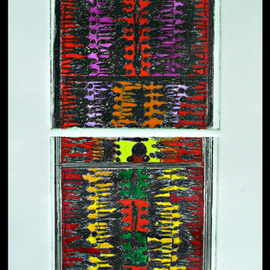Jerry  Di Falco: 'stained glass window', 2021 Mixed Media, History. Artist Description: full title- - STAINED GLASS WINDOW AT THE CATHEDRAL OF THE LILY WHITE SLAVE OWNERSDiFalco created three drawings from this work, Diagram of the Brookes Slave Ship, from the British MuseumaEURtms Collection, before he transferred his drawing onto two etching plates, which were later developed in Nitric ...