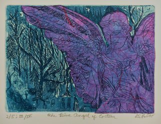 Jerry  Di Falco: 'the blue angel of cocteau', 2017 Etching, Death. This hand pulled etching used the Studio techniques of intaglio, Chine colle, and aquatint.  It is based on one of the artistaEURtms many photos taken by the artist in PhiladelphiaaEURtms Victorian era cemetery, Laurel Hill.  The zinc plate underwent three workings and subsequent baths in Nitric acid.  The ...