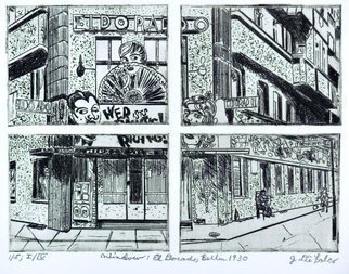 Jerry  Di Falco: 'window to berlin 1930', 2017 Intaglio, Holocaust. THE PRICE OF THIS ETCHING INCLUDES A BLACK PAINTED WOOD FRAME WITH GLASS AND ACID FREE MAT.  THE FRAME MEASURES 11 INCHES HIGH BY 14 INCHES WIDE.  THE WHITE MAT CONTAINS A BLACK INNER TRIMMED EDGE.  THE ARTWORK ARRIVES WIRED AND READY TO HANG ON YOUR WALL, AND A WALL ...