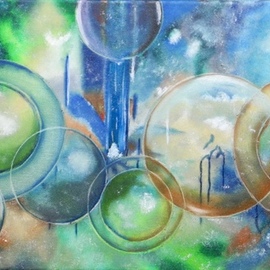 German Bustamante: 'Planets and Bubbles', 2016 Oil Painting, Abstract Landscape. Artist Description: Have you ever thought a whole universe inside a tiny bubbleA microscopic ecosystem full of life, floating free from damage and self- sustainedJust imagine someone else is watching us now as we live and laugh and love inside this bubble we call Earth, with infinite gradations of vibration ...