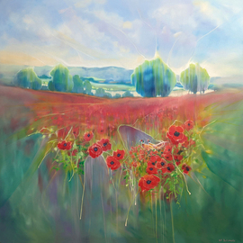 Gill Bustamante: 'beautiful england', 2023 Oil Painting, Abstract Landscape. Artist Description: Beautiful England is an English countryside inspired landscape oil painting with pheasants and poppies in a summer meadow. It is 40x40x1. 5 inches. The painting has a lot of energy to it although it is a peaceful scene and it catapults the viewer into the landscape by use ...