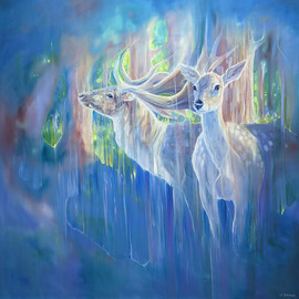 Gill Bustamante: 'divine monarchs', 2023 Oil Painting, Animals. Artist Description: Divine Monarchs is a large semi- abstract wildlife painting of two deer in a bluebell wood in springtime. It is 48x48x1. 5 inches. The painting was inspired by the months of April and May when the woodlands become carpeted in bluebells. I rarely spot deer in the forests ...