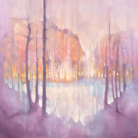 Gill Bustamante: 'the thin place beckons', 2023 Oil Painting, Abstract Landscape. Artist Description: The Thin Place Beckons is a very large semi- abstract original oil painting showing deer gathering beyond a lake in a heart shaped forest at twilight. It is 48x48x1. 5 inches. It was made with liberal amounts of white, golden yellow, peach and purple paint with cyan blue ...