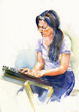 Gilles Durand: 'Marie Agnes playing the Austrian Zither', 2008 Watercolor, Music.   Original watercolor painting on Fabriano Artistico paper....
