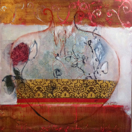Cassandra Wainhouse: 'Big Pomagranate ', 2015 Mixed Media, Abstract Figurative. Artist Description:       abstract figurative, fruit, botanical, nature, contemporary art, mixed media, Oil painting , collage, stitching on paper in plastic              ...