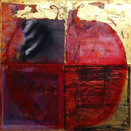 Cassandra Wainhouse: 'Big Pomegranate ', 2014 Mixed Media, Abstract Figurative. Artist Description: abstract figurative, contemporary art, mixed media, Oil painting, gold leaf , collage and fotography on canvas fruit, pomegranate...